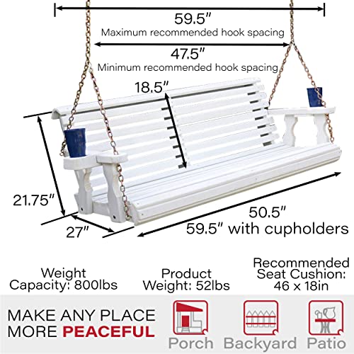 Amish Casual Heavy Duty 800 Lb Roll Back Treated Porch Swing with Hanging Chains and Cupholders (4 Foot, Semi-Solid White Stain)