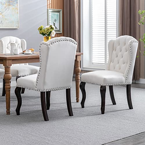 DM Furniture Velvet Dining Chairs Farmhouse Solid Wood Accent Chairs Side Host Kitchen Chair with Tufted Back for Dining Room/Living Room/Bedroom (Set of 2, Cream)