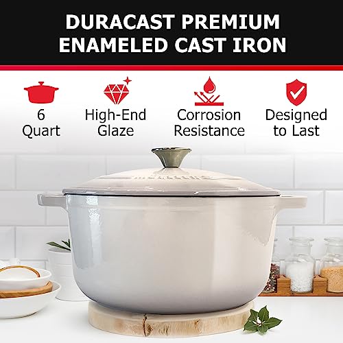 Mueller DuraCast 6 Quart Enameled Cast Iron Dutch Oven Pot with Lid, Dual Handles, Heavy-Duty Braiser Pan, Stainless Steel Knob, for Braising, Stews, Roasting, Baking, Safe across All Cooktops, White