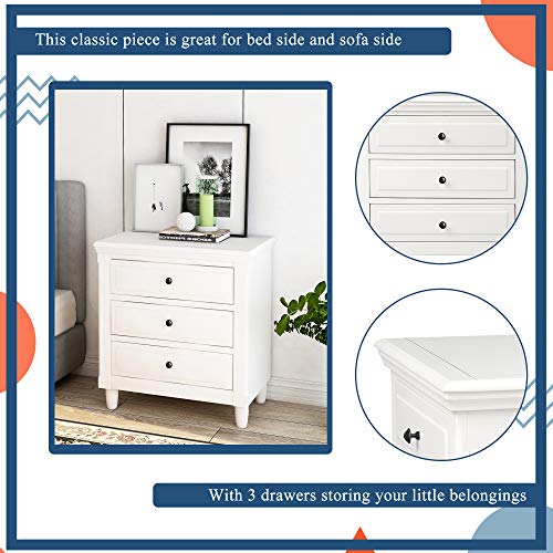 TITA-DONG 3 Drawer Wood Nightstand Set of 2, White Wood Bedside Table,3 Drawers Dresser Side End Table Cabinet Drawers Chest for Bedroom/Living Room/Office (Fully Assembled)