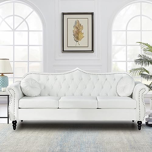 AVZEAR 82" Three Seater Sofa, Chesterfield Sofa, Mid-Century Modern Velvet Upholstered Sofa, Deep Button Tufted Living Room Sofa with Two Throw Pillows, White