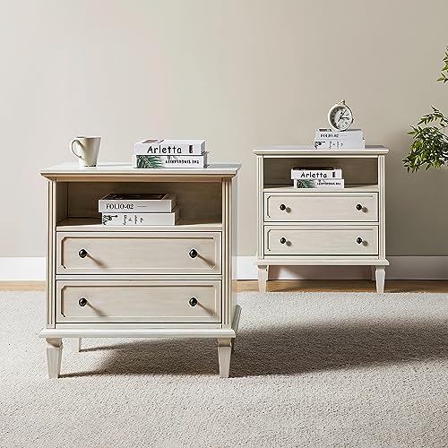 HULALA HOME End Table with Charging Station Set of 2, Farmhouse Nightstand with Open Space and 2 Drawers, Fluted Pilasters Design Chest of Drawers Bedside Table Dresser for Bedroom Living Room, White