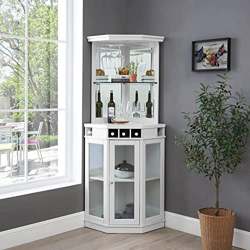 Home Source Corner Bar cart Unit 73" White with Two Glass Shelves, Built-in Wine Rack, and Lower Glass bar Cabinet for Liquor and Glasses | Storage | Home Office, Kitchen, Bar cart, White