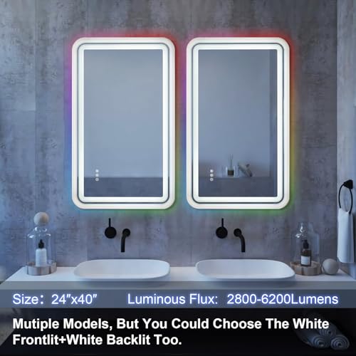 ANDY STAR Led Bathroom Mirror 24''x40'', Lighted Bathroom Vanity Mirror Rounded Rectangle, Glossy White Beveled Metal Frame, 3 Color Front Light+WRGB Backlit Stepless Dimmable, Anti-Fog, CRI>90