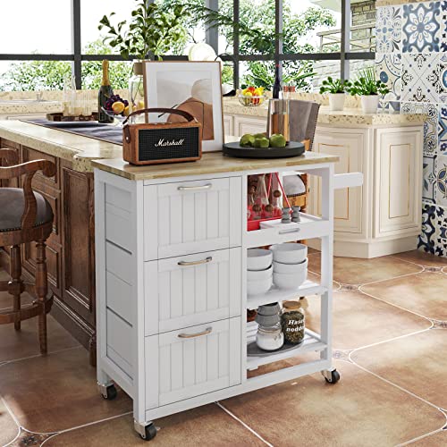 NSdirect Kitchen Island Cart,Industrial Kitchen Bar&Serving Cart Rolling on Wheels Utility Storage Trolley with 3-Tier Wine Rack Shelves&Three Storage Drawers,Soild Rubber Wood Top