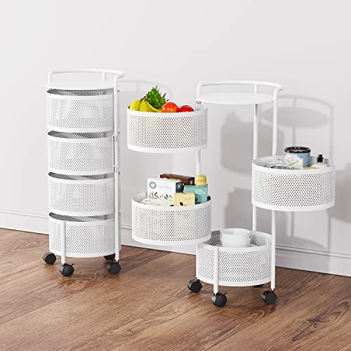 JAQ Rotating Storage Shelves Rack for Kitchen, 4-Tier Multi Layer Removable Basket Shelf Organizer on Rolling Wheels for Fruit Vegetable Grocery Corns Potato Onion (4-Tier, White)