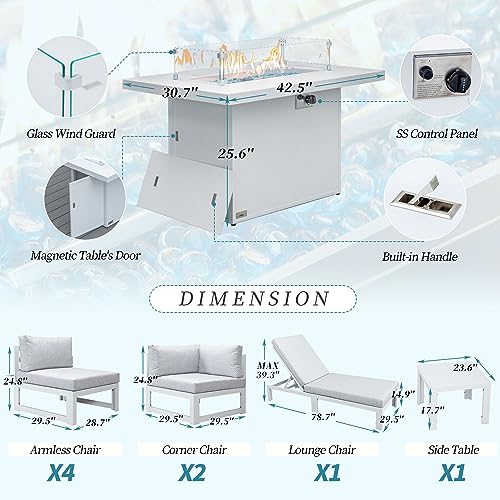 NICESOUL® 9 Pieces Aluminum Outdoor Furniture Set with Propane Fire Table Aluminum Patio Conversation Lounge Chair Set Large Size Sectional Sofa Sets with Fire Pit for Poolside Backyard