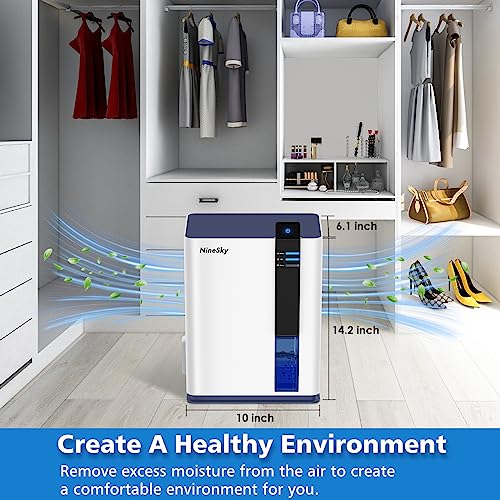 NineSky Dehumidifier for Home, 98 OZ Water Tank, (800 sq.ft) Dehumidifiers for Bathroom, Bedroom with Auto Shut Off, 5 Colors LED Light(H2 White/Blue)