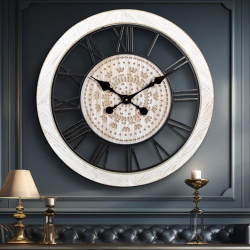 ZBJZJM 24" Large Wall Clocks for Living Room Decor Battery Operated Wood Vintage Big Silent Rustic Decorative Industrial Wall Clock for Office Home Bedroom Dinning Room,White