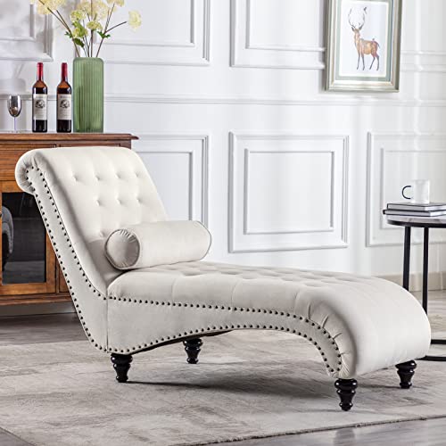 ONPNO Tufted Velvet Chaise Lounge Indoor, Leisure Accent Chair Upholstered Couch with Toss Pillow for Bedrooom Living (White) 55.1D x 25W x 34.3H in