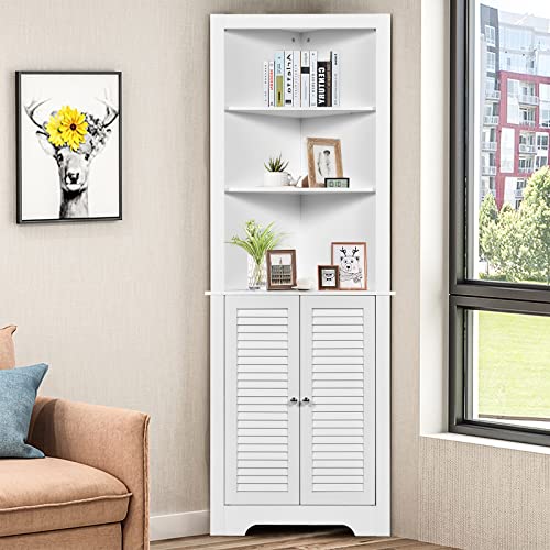 COSTWAY Tall Corner Cabinet, Wooden Freestanding Storage Cabinet with 3 Open Shelves & Doors, Large Capacity Storage Organizer for Bathroom Living Room Bedroom Kitchen (White)