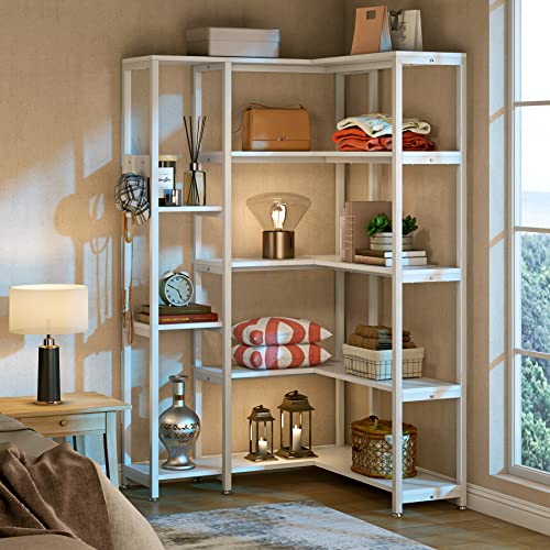 TIYASE 5-Shelf Corner Bookshelf, Modern Large Corner Etagere Bookcase, 5-Tier Tall Corner Shelf Display Storage Rack with Metal Frame for Living Room Home Office, White