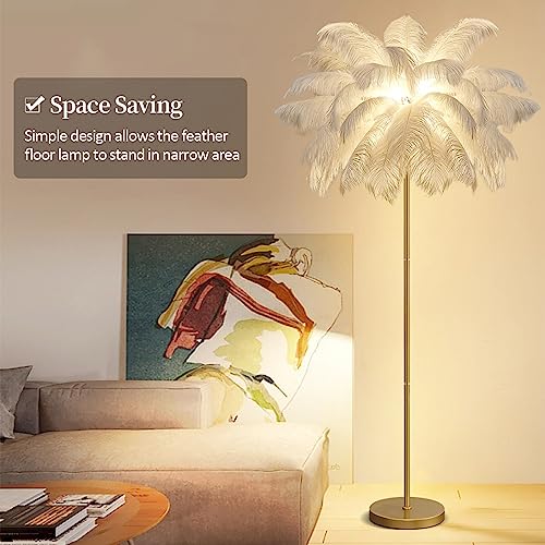 Feather Floor Lamp for Living Room, Modern White and Gold Ostrich Feather Lamps 160cm Tall Dimmable Floor Standing Lamp Bedroom Bedside Sofa Corner Decor Floor Lamp (White)