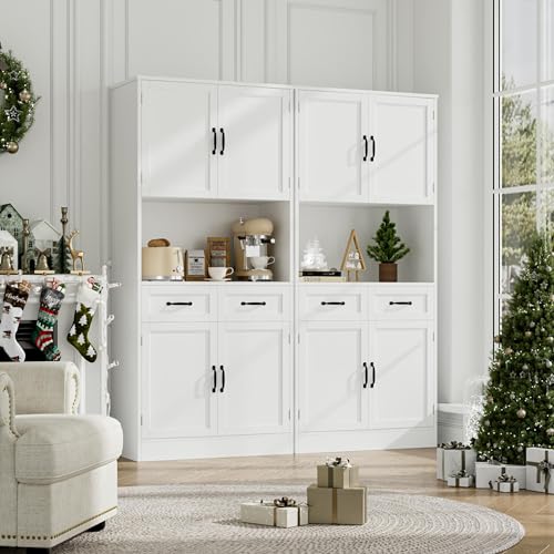 HOSTACK 71“ Tall Kitchen Pantry Storage Cabinet, Modern Kitchen Hutch Bar Cabinet with Microwave Stand, Wood Buffet Sideboard with Hutch, Cupboard with Drawers, Shelves for Dining Room, White