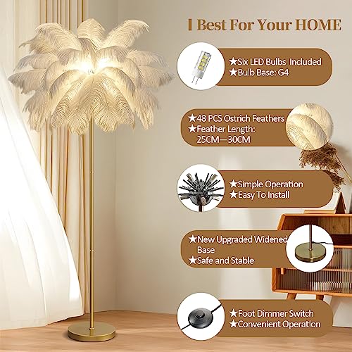 Feather Floor Lamp for Living Room, Modern White and Gold Ostrich Feather Lamps 160cm Tall Dimmable Floor Standing Lamp Bedroom Bedside Sofa Corner Decor Floor Lamp (White)