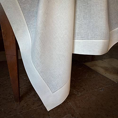 EVERLY Pure Linen Hemstitch Tablecloth,100% Stonewashed French Linen tablecloths for Kitchen Dining Rectangle Tables,60x144Inch Machine Washable Christmas Thanksgiving Organic Tablecloth-White