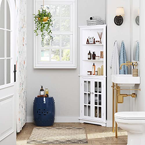 Spirich Home Bathroom Tall Corner Storage Cabinet, Floor Slim Display Storage Cabinet with Windowpane Glass Doors and Adjustable Shelves for Bathroom, Kitchen, Living Room or Bedroom, White