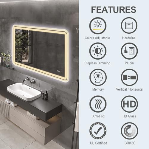 ANDY STAR Led Bathroom Mirror 24''x40'', Lighted Bathroom Vanity Mirror Rounded Rectangle, Glossy White Beveled Metal Frame, 3 Color Front Light+WRGB Backlit Stepless Dimmable, Anti-Fog, CRI>90