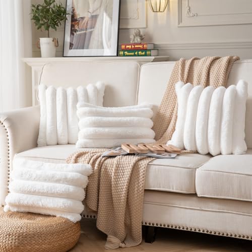 Joyouth Faux Fur Plush Throw Pillow Covers 26x26 Inch Set of 2 - Luxury Decorative Fuzzy Striped Soft Cozy Pillowcase for Couch, Sofa, Living Room - Cream White