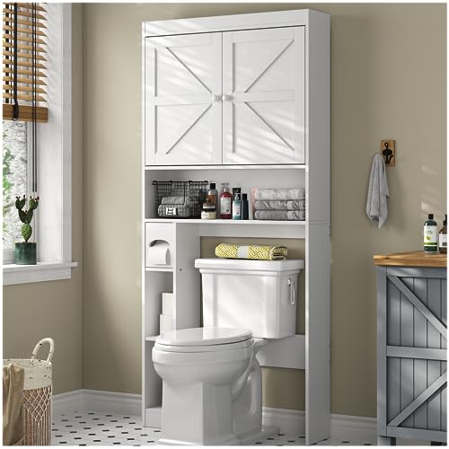 furomate Over The Toilet Storage Cabinet with Shelves and Doors, 32.3''W Free Standing Toilet Shelf Space Saver with Anti-Tip Design and Adjustable Bottom Bar, White