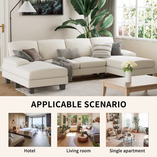 Flamaker Convertible Sectional Sofa Couch, Modern Fabric U-Shaped Living Room Furniture Set, 4-Seat Sectional Sleeper Sofa with Double Chaise & Memory Foam (White)