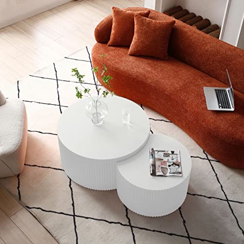 KEVINSPACE Coffee Table Set of 2 Modern, Living Room Nesting Table Round 2-Piece, No Assembly Required Wooden Circle End Table Set Accent Furniture for Bedroom Balcony Library,White