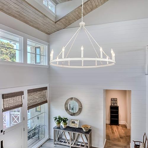 JDfeiFFF Wagon Wheel Chandelier 12 Lights 38-inch Large Vintage White Chandelier Farmhouse Chandelier for Dining Room Ceiling Pendant Light Fixture Living Room Kitchen Island