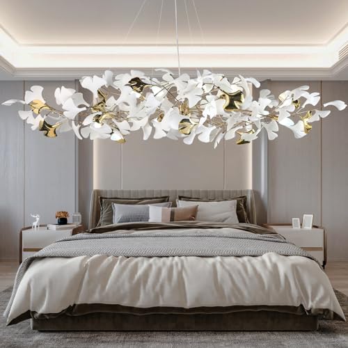 GREMLBUK 59 Inch White Rectangle Chandelier Gold Ceramic Ginkgo Leaf Chandeliers Brass Large Chandelier Modern Hanging Lights Fixture for Living Room Dining Room Kitchen Island,10-Light