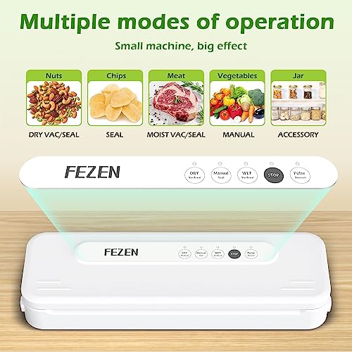 FEZEN Vacuum Sealer Machine for Food, Food Saver Machine 5-in-1 Food Sealer Automatic Vacuum Air Sealing Machine for Dry/Moist Food Storage with Vacuum Seal Bags & Air Suction Hose, White