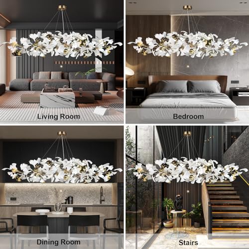 GREMLBUK 59 Inch White Rectangle Chandelier Gold Ceramic Ginkgo Leaf Chandeliers Brass Large Chandelier Modern Hanging Lights Fixture for Living Room Dining Room Kitchen Island,10-Light