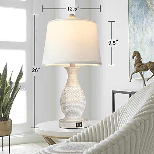 PARTPHONER Set of 2 Table Lamps with USB Ports, 26" Tall Farmhouse Living Room Lamp with 3-Way Dimmable Nightstand Lamp White Fabric Shade for Living Room Bedroom Home Office