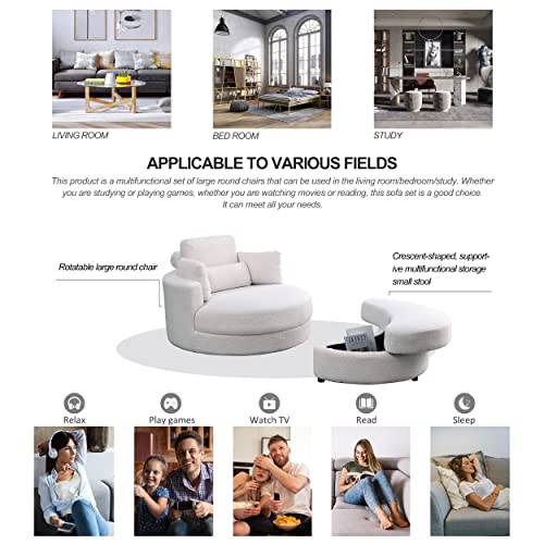 HomSof Swivel Accent Barrel Modern Grey Sofa Lounge Club Big Round Chair with Storage Ottoman Linen Fabric for Living Room Hotel with Pillows, White