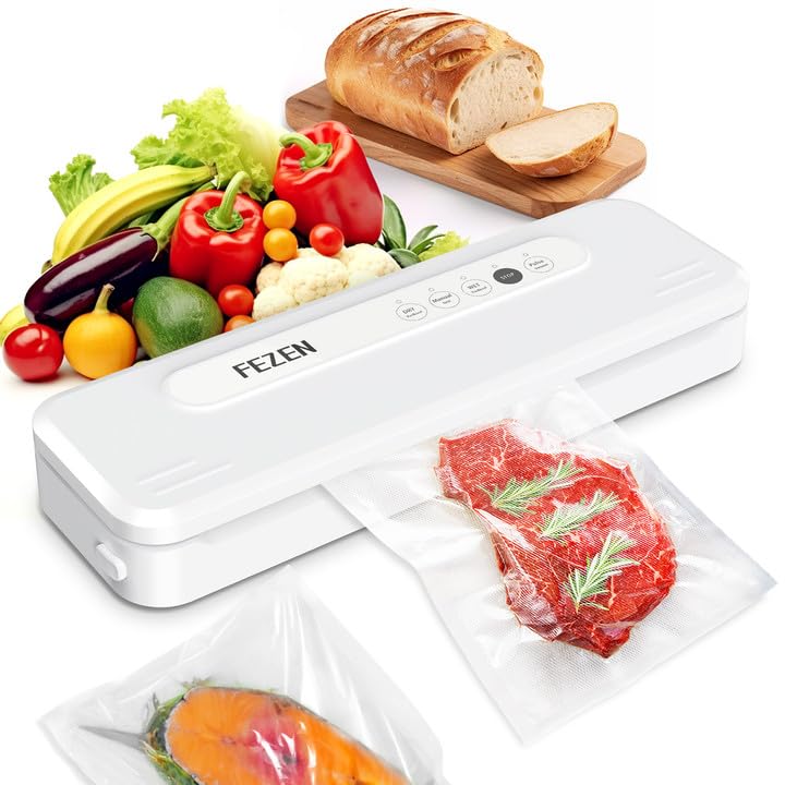 FEZEN Vacuum Sealer Machine for Food, Food Saver Machine 5-in-1 Food Sealer Automatic Vacuum Air Sealing Machine for Dry/Moist Food Storage with Vacuum Seal Bags & Air Suction Hose, White