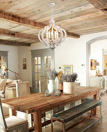 ETONIMERR Wooden French Country Chandelier Light Fixture Ceiling 5-Light, Antique White Farmhouse Chandelier for Dining Room Cottage Rustic Pendant Lighting for Kitchen Island Living Room Bedroom