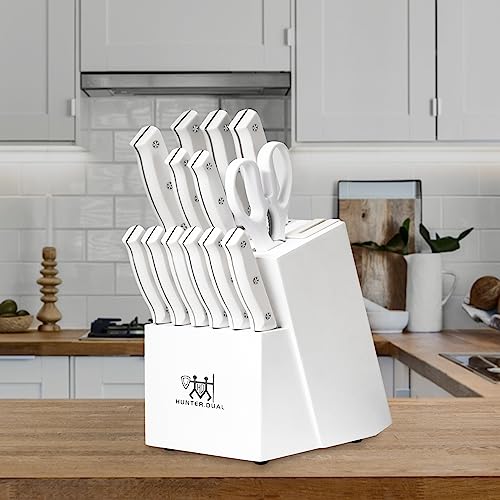 HUNTER.DUAL Knife Set, 15 Piece Kitchen Knife Set with Block Self Sharpening, Dishwasher Safe, Anti-slip Handle, White