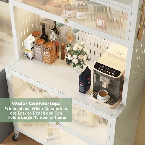 COVAODQ Kitchen Baker's Rack with Flip Door Cabinet, 5-Tier Microwave Stand with Pegboard Accessories for Garage Pantry Home Kitchen