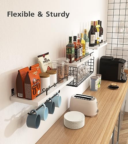 Mefirt Floating Shelves, 3+2 Tier Bathroom Shelves with Paper Towel Holder & Towel Bar, Wood Wall Décor Shelves Over Toilet with Wire Storage Basket & Guardrail, Farmhouse Floating Shelf - White