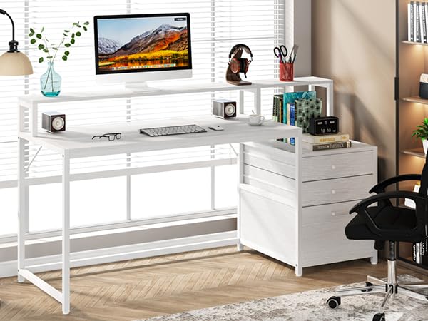 Tribesigns 63 Inch Computer Desk with File Drawer Cabinet, Ergonomic Office Desk with Monitor Stand, Computer Table with Printer Space, Wood PC Table Workstation Desk for Home Office, White