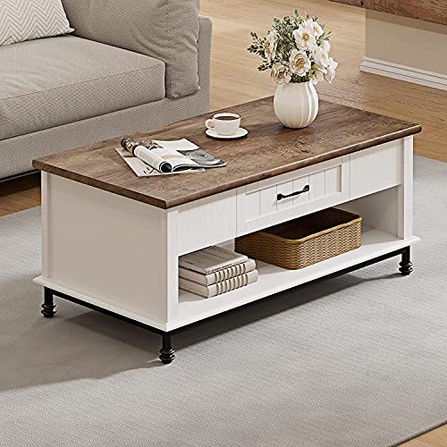 WAMPAT Premium Farmhouse Coffee Table Set of 3 for Living Room, 1 Large Rectangle Center Table with Storage Drawers, 2 End Side Tables with Charging Station for Living Room, White/Oak