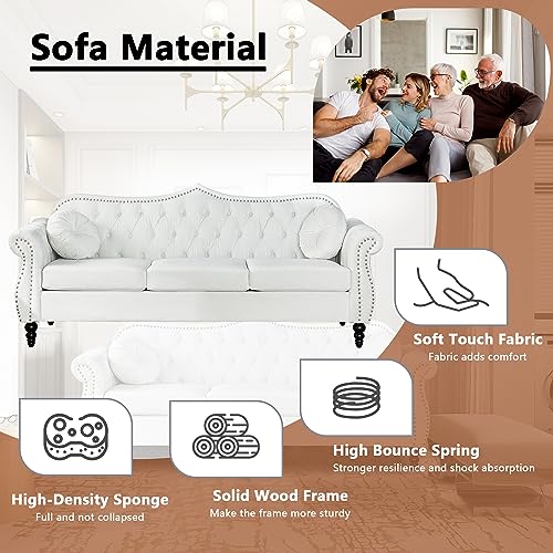 AVZEAR 82" Three Seater Sofa, Chesterfield Sofa, Mid-Century Modern Velvet Upholstered Sofa, Deep Button Tufted Living Room Sofa with Two Throw Pillows, White