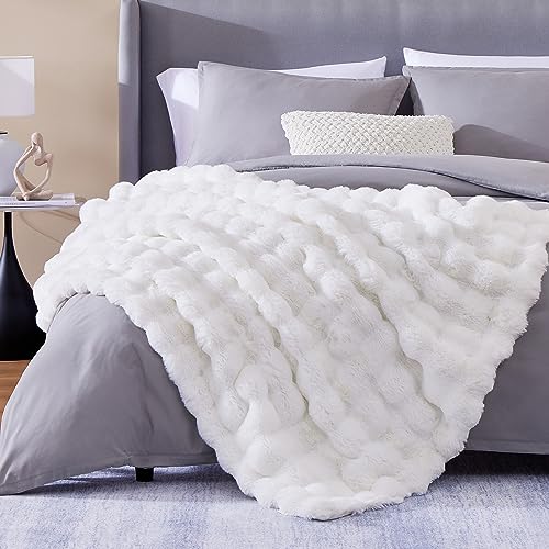 CozyBloom Luxury Soft Faux Fur Throw Blanket for Couch, Decorative Cozy Plush Long Shaggy Fluffy Blanket, Solid Comfy Fleece Furry Blanket, Reversible Thick Warm Blanket for Winter, Washable, White