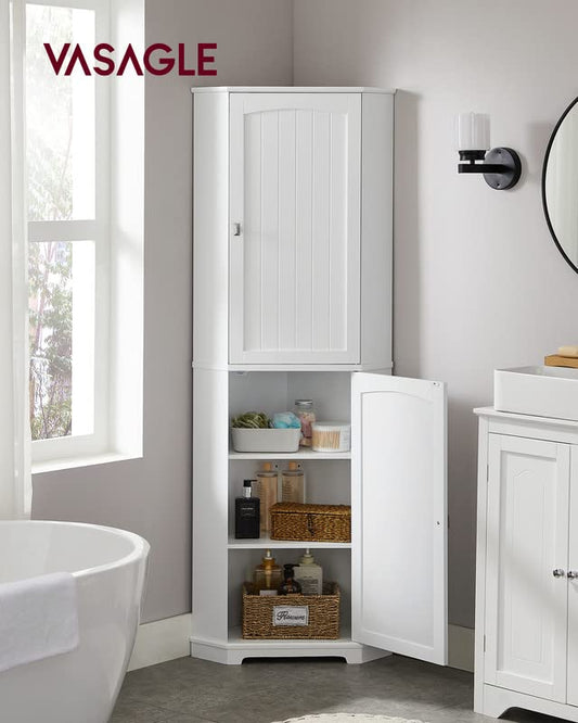 VASAGLE Tall Corner Cabinet, Bathroom Storage Cabinet with 2 Doors and 4 Adjustable Shelves, for Bathroom, Kitchen, Living Room, Modern Farmhouse Design, White UBBC541P31