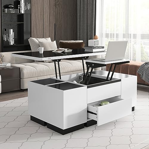 Merax Modern 3-in-1 Lift Top Coffee Table with 4 Storage Stools for Living Room Extendable 1 Hidden + 2 Drawers Space Saving Folding Glass Dining（47.2 Inch）, White/Black