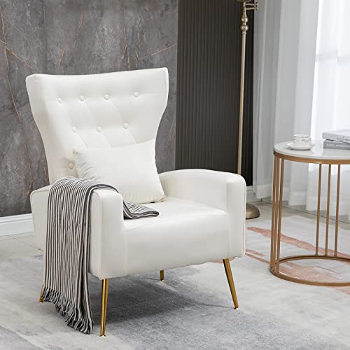 ZJhome Button-Tufted Living Room Chairs Set of 2, WingBack Velvet Accent Chair Armchair with Lumbar Pillow, Bedroom Chairs Vanity Chair Arm Chair with Golden Legs, Cream