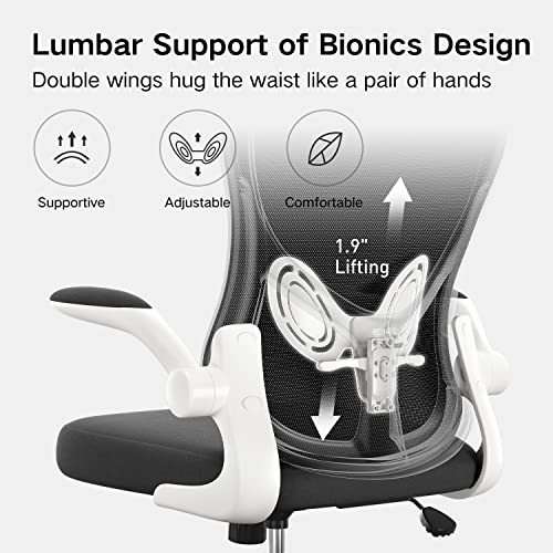 Hbada Office Chair Ergonomic Desk Chair, Office Desk Chairs with PU Silent Wheels, Breathable Mesh Computer Chair with Adjustable Lumbar Support, Flip-up Armrests, Tilt Function, White