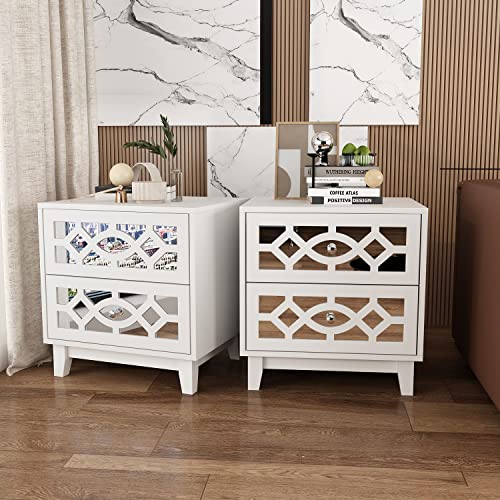 AIEGLE Mirror Nightstand Set of 2, Wooden Accent Chest Dresser with 2 Mirrored Drawers, Decorative End Table Bed Side Table Bedroom Storage Set, White (18.9" W x 15.7" D x 15.7" H)