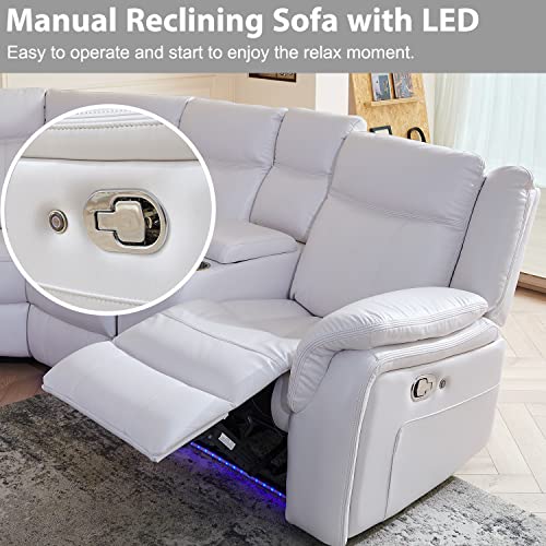 ELIASER White Manual Recliner Sectional Sofa Couch Faux Leather Living Room, Luxury Home Theater Office Furniture Sets w/ 2 Comfy Recline Seat LED Light Cup Holder USB Port Storage Console