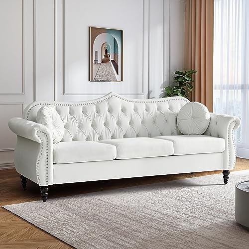 AVZEAR 82" Three Seater Sofa, Chesterfield Sofa, Mid-Century Modern Velvet Upholstered Sofa, Deep Button Tufted Living Room Sofa with Two Throw Pillows, White