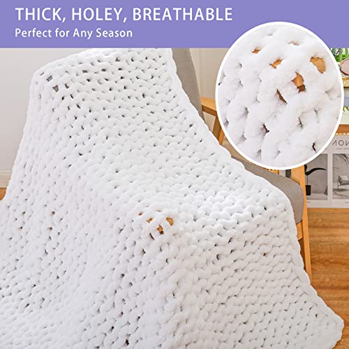 Bigacogo Chunky Knit Blanket Throw 51"x63", 100% Hand Knitted Chenille Throw Blanket, Big Soft Thick Yarn Cable Knit Blanket, Large Rope Knot Crochet Throw Blankets for Couch Bed Sofa (White)