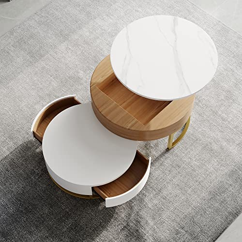 Sdorens Lift Top Coffee Table, Round Coffee Table with Hidden Storage, Nesting Coffee Table Set of 2, End Table, Center Table for Living Room, Home, Office (White)